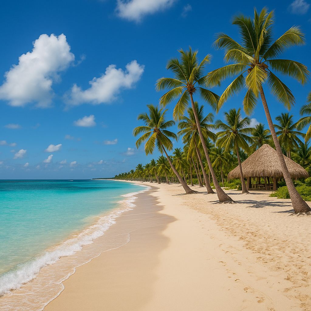 white sand beach with turquoise waters, leaning palm trees, and a thatched-roof hut under a blue sky with scattered clouds.