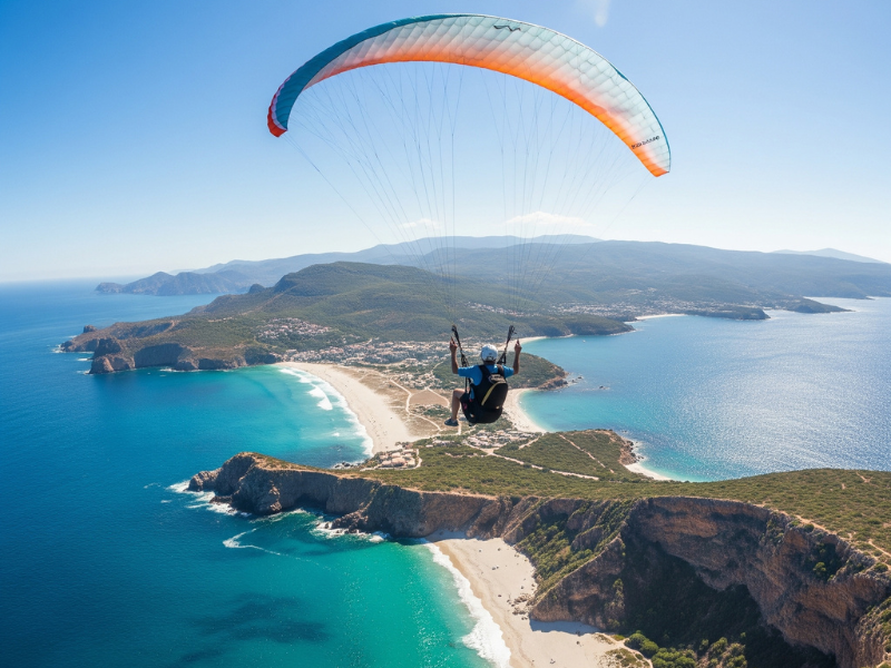 Paraglider flying over a Caribbean coast with beaches and cliffs.