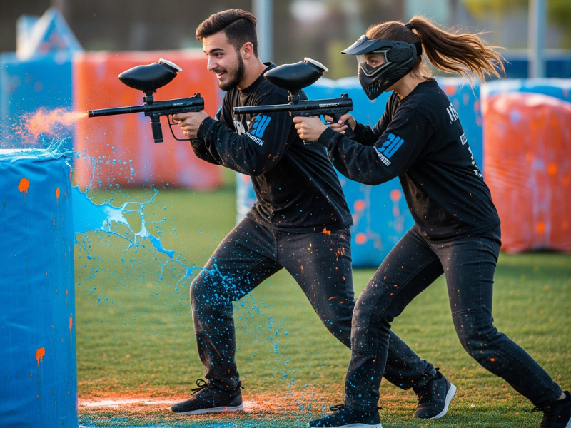 Dos jugadores de paintball en acción esquivando pintura en un campo exterior.