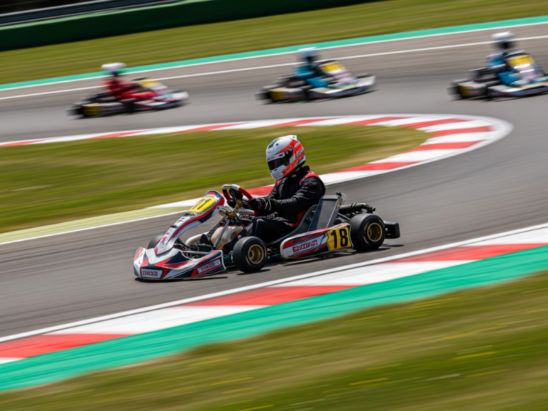 Go-kart compitiendo en una curva de una pista de carreras profesional.